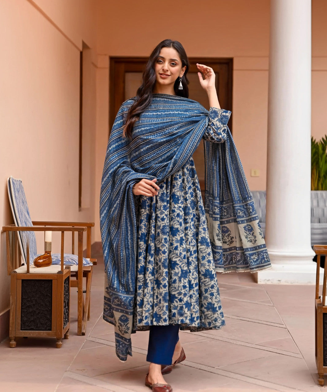 Women's Kurti Pant Set in Navy Blue Rayon with Floral Print