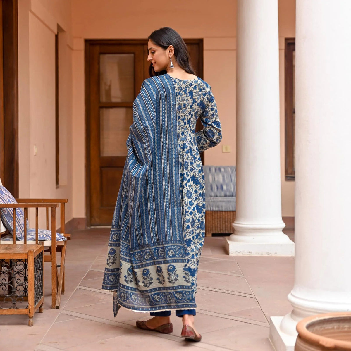 Women's Kurti Pant Set in Navy Blue Rayon with Floral Print