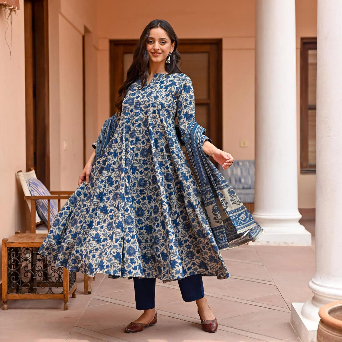 Women's Kurti Pant Set in Navy Blue Rayon with Floral Print