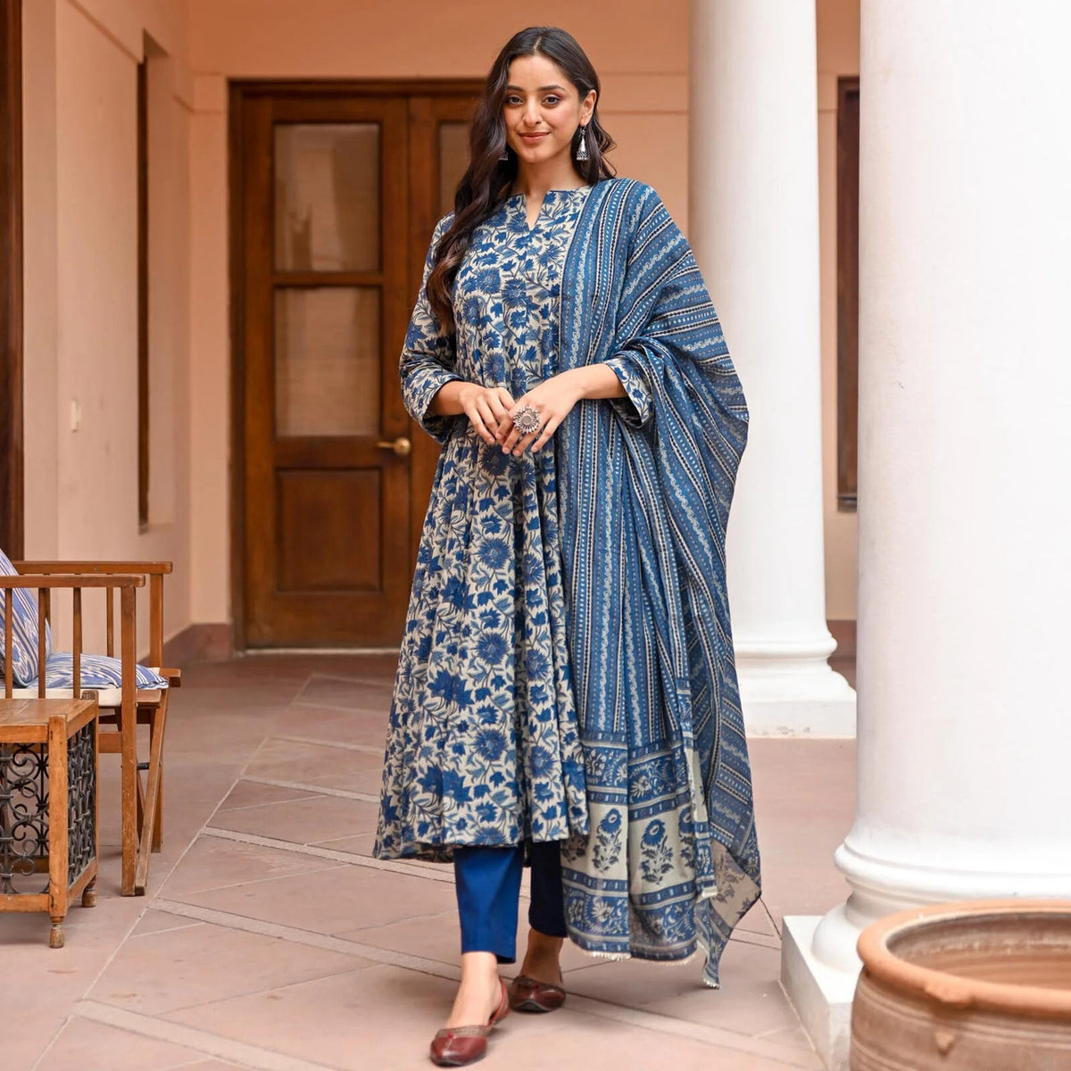 Women's Kurti Pant Set in Navy Blue Rayon with Floral Print