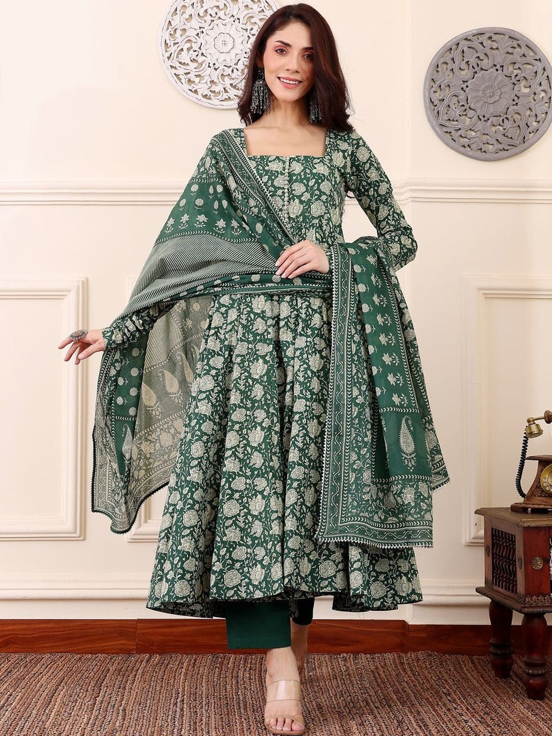 Women's Kurti Pant Set in Dark Green Rayon with Floral Print