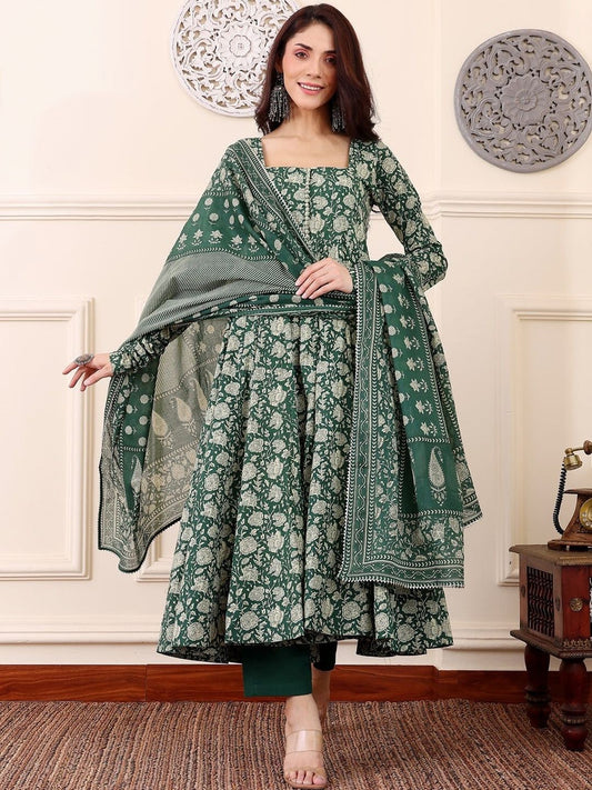 Women's Kurti Pant Set in Dark Green Rayon with Floral Print