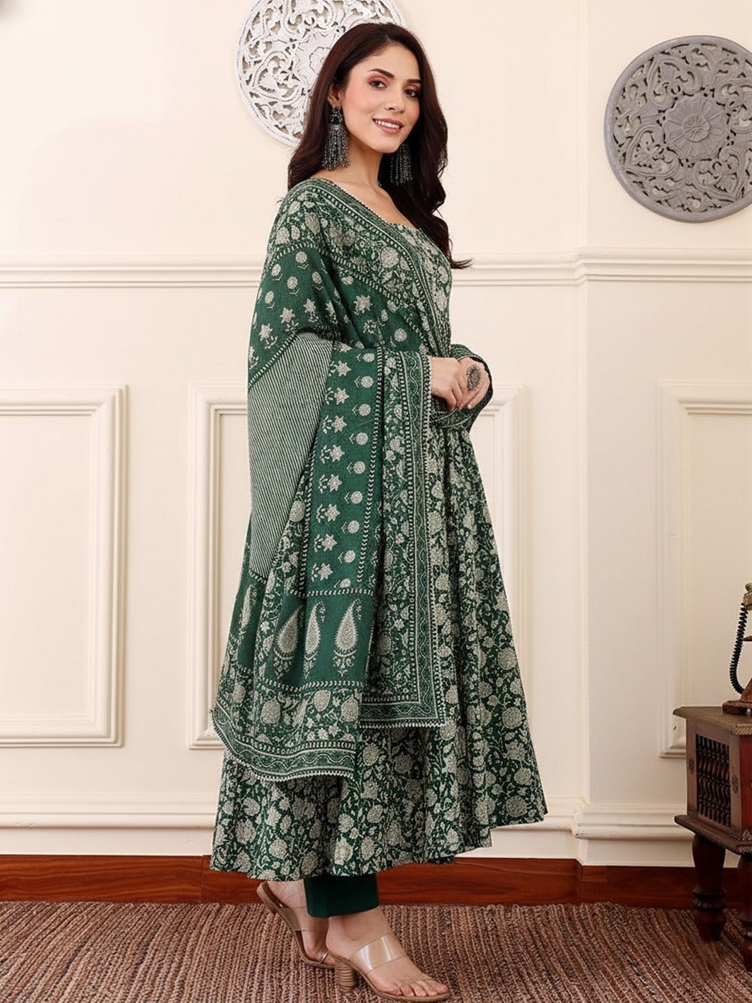 Women's Kurti Pant Set in Dark Green Rayon with Floral Print