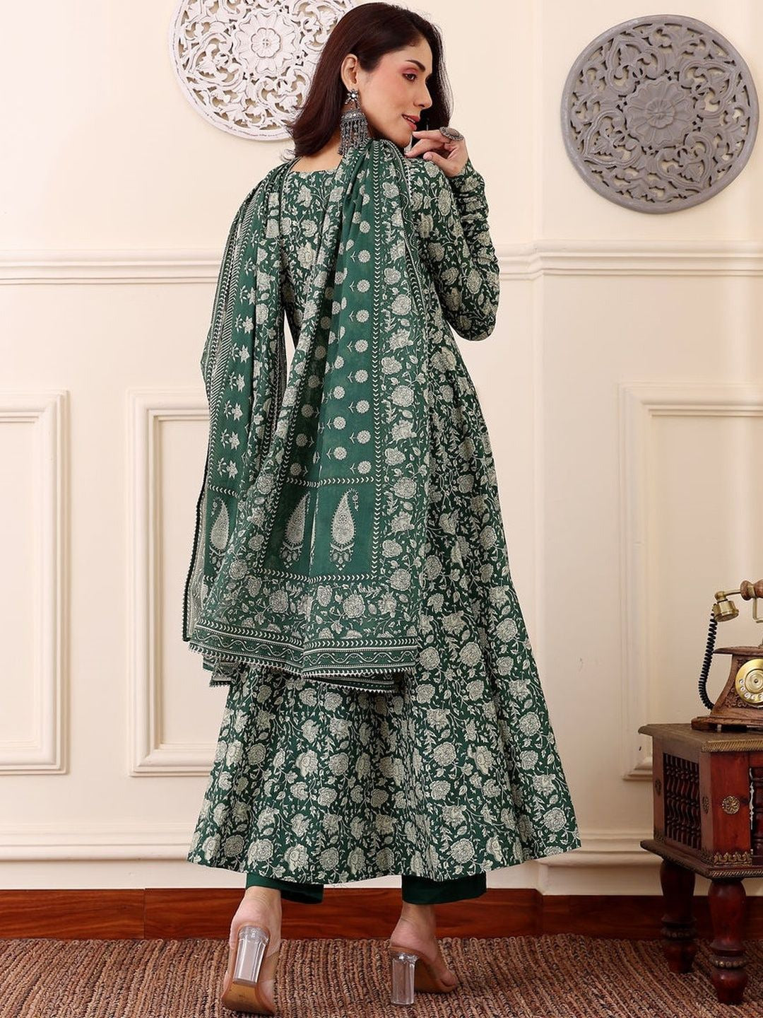 Women's Kurti Pant Set in Dark Green Rayon with Floral Print