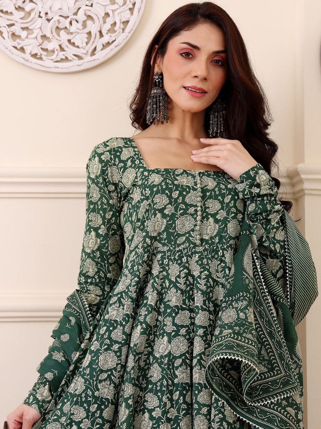 Women's Kurti Pant Set in Dark Green Rayon with Floral Print