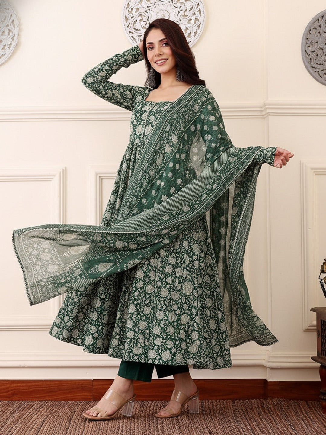 Women's Kurti Pant Set in Dark Green Rayon with Floral Print