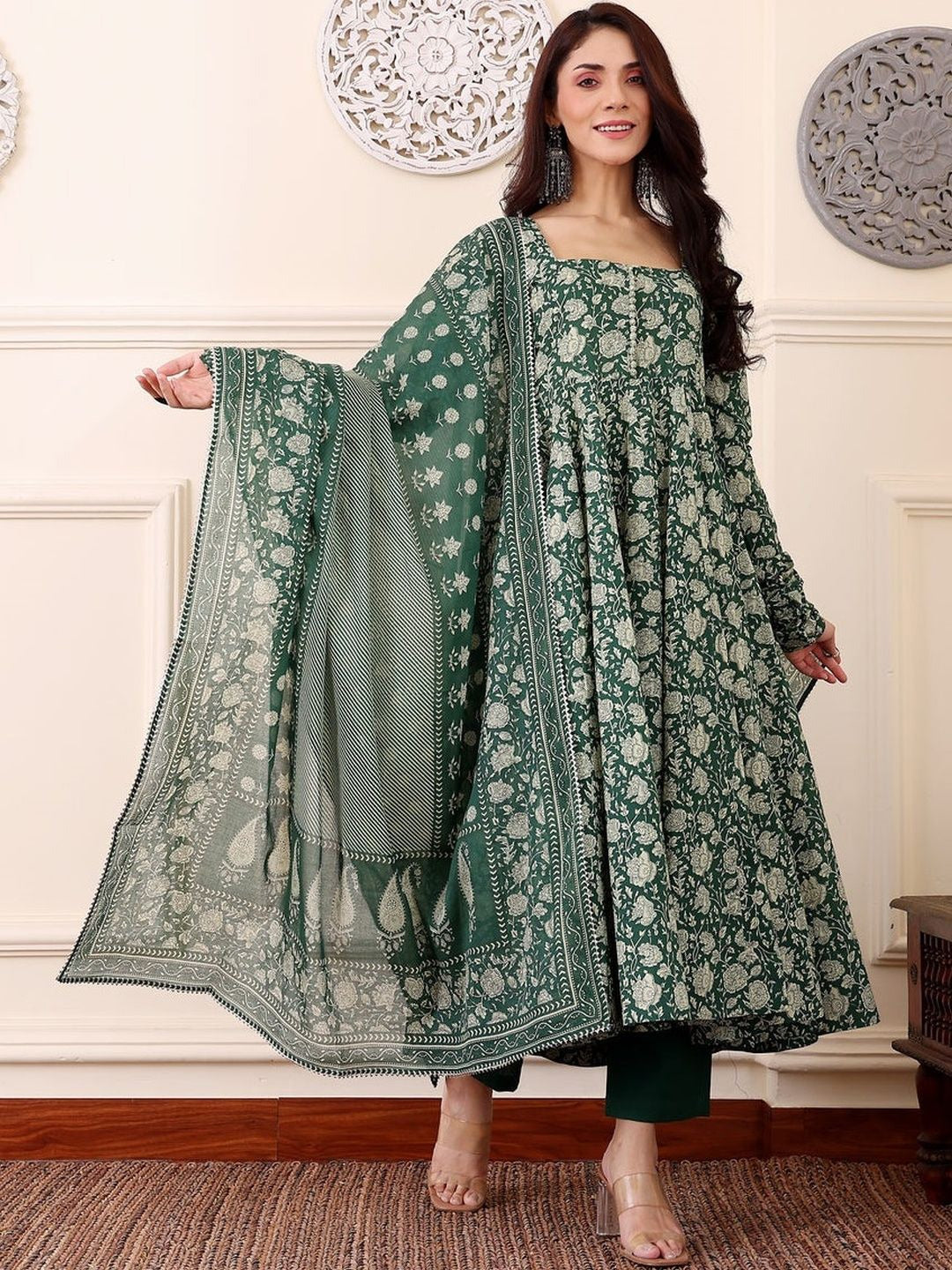 Women's Kurti Pant Set in Dark Green Rayon with Floral Print