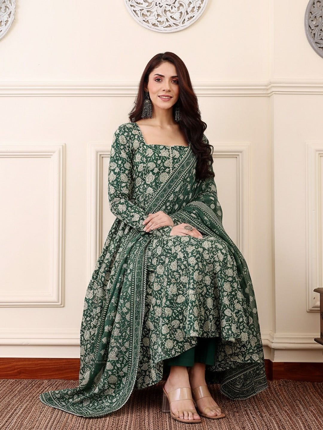 Women's Kurti Pant Set in Dark Green Rayon with Floral Print