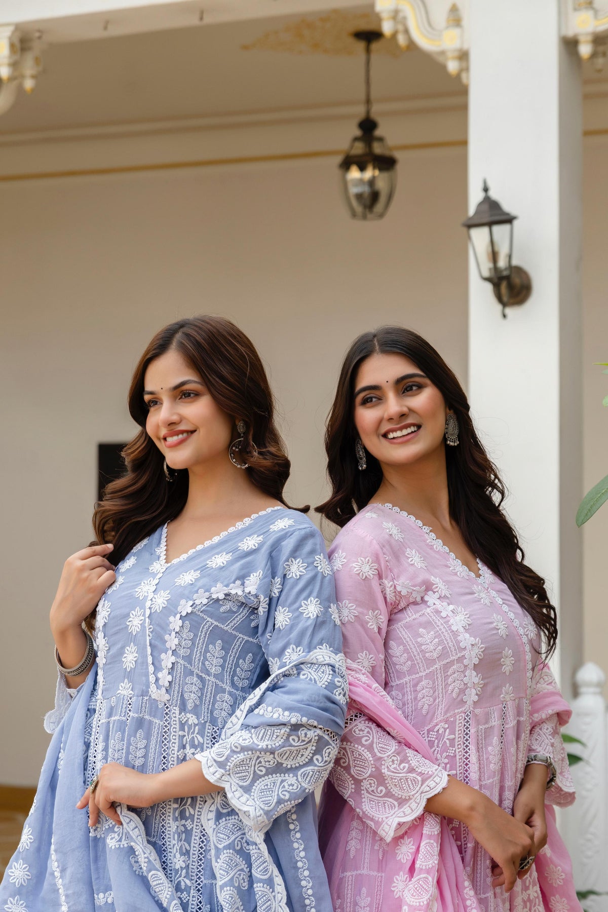 Women's Gown Set in Pink and Sky Blue Pure Mal Cotton with Lucknowi Work