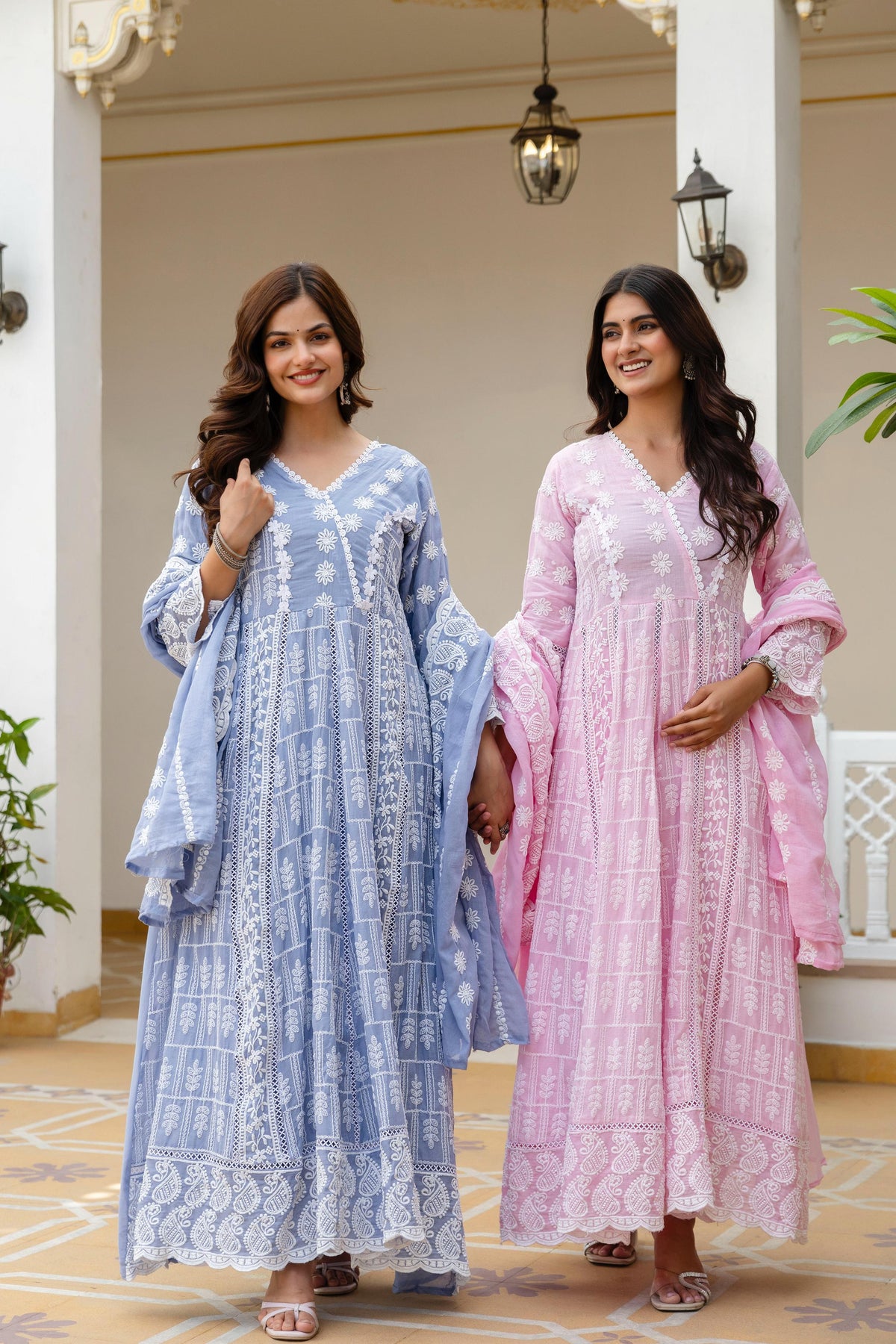 Women's Gown Set in Pink and Sky Blue Pure Mal Cotton with Lucknowi Work