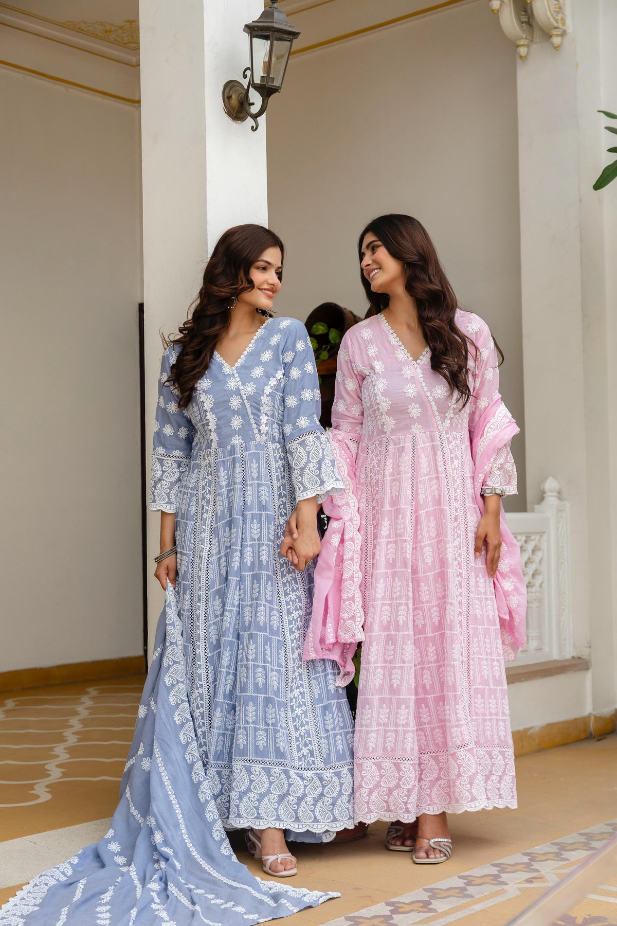 Women's Gown Set in Pink and Sky Blue Pure Mal Cotton with Lucknowi Work