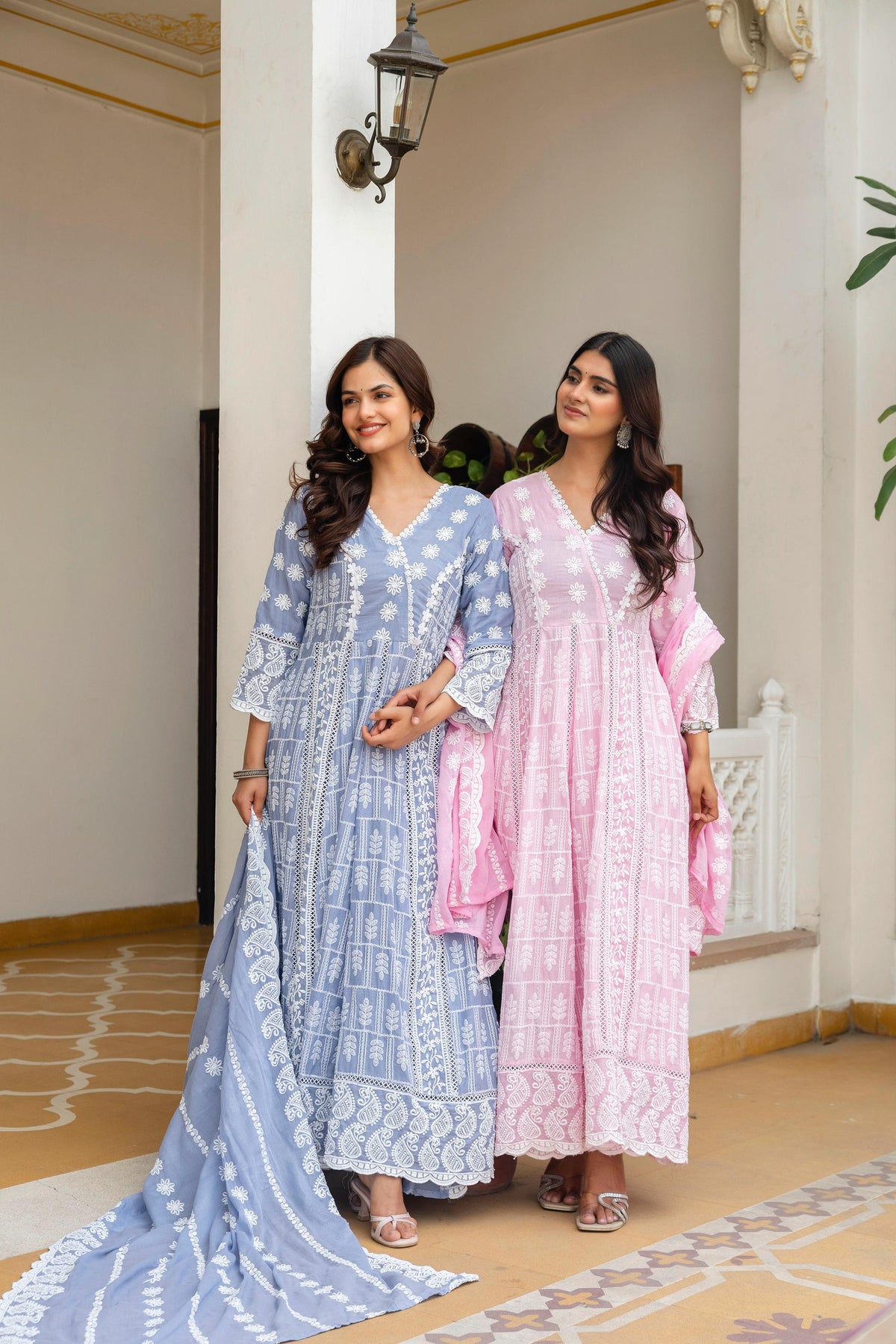 Women's Gown Set in Pink and Sky Blue Pure Mal Cotton with Lucknowi Work