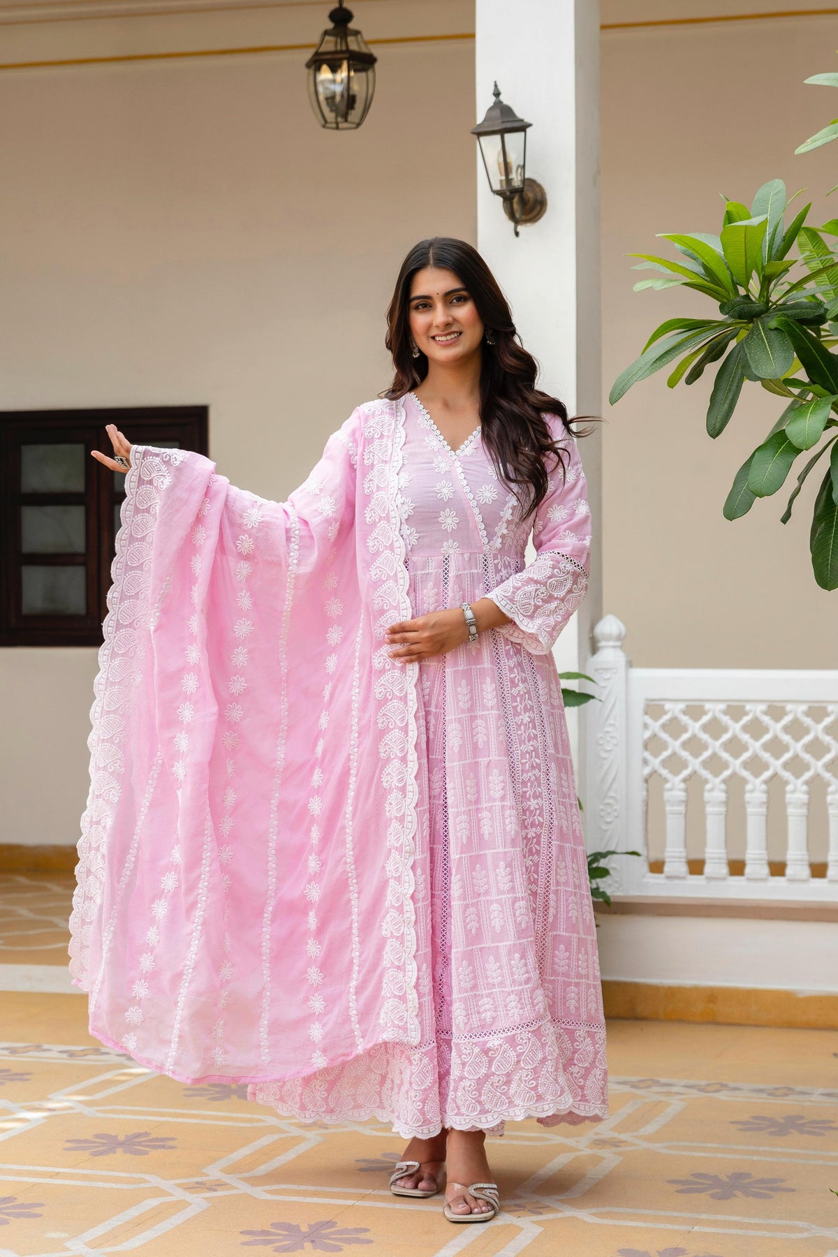 Women's Gown Set in Pink and Sky Blue Pure Mal Cotton with Lucknowi Work