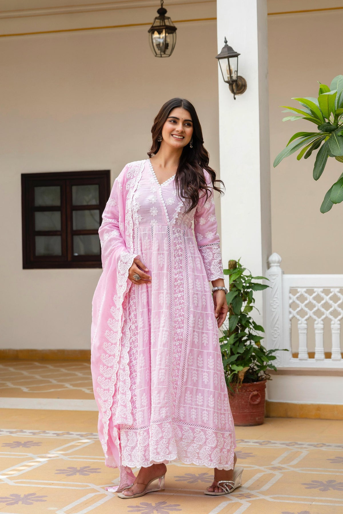 Women's Gown Set in Pink and Sky Blue Pure Mal Cotton with Lucknowi Work