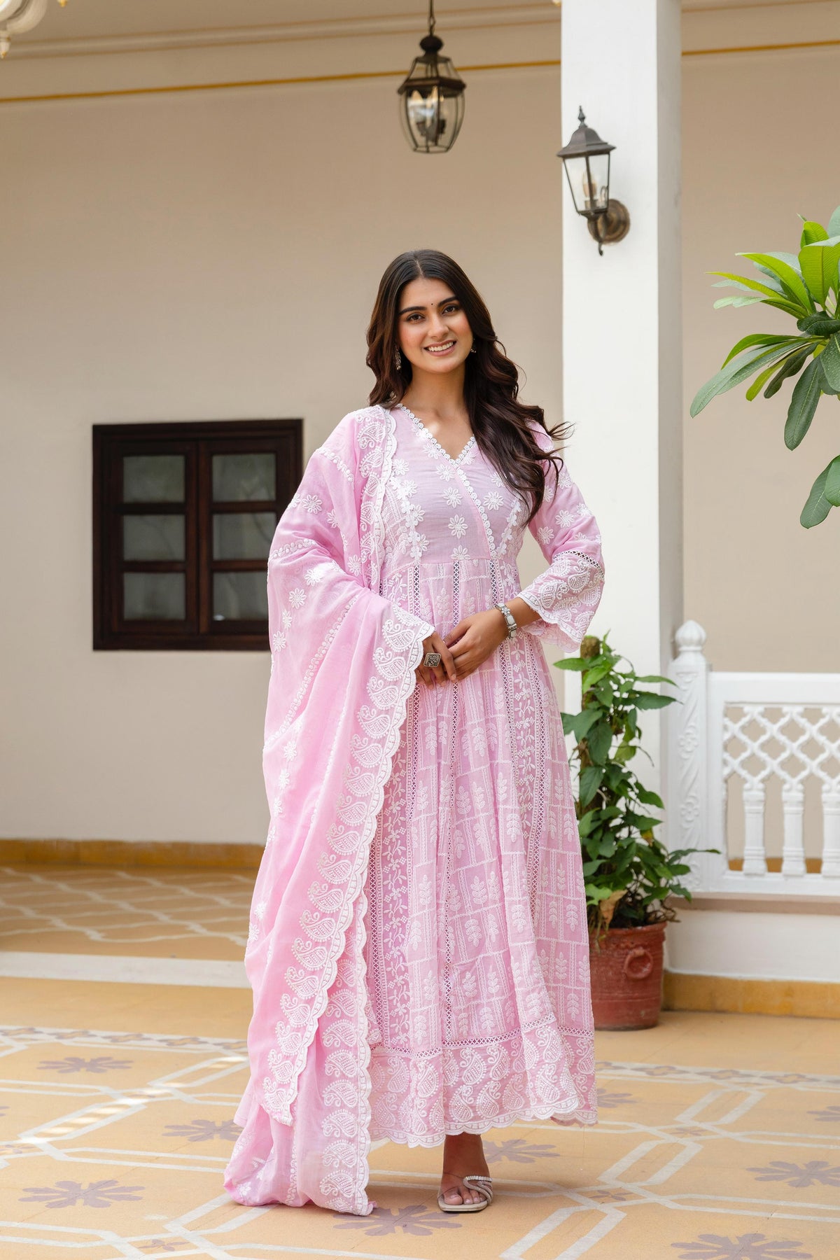 Women's Gown Set in Pink and Sky Blue Pure Mal Cotton with Lucknowi Work