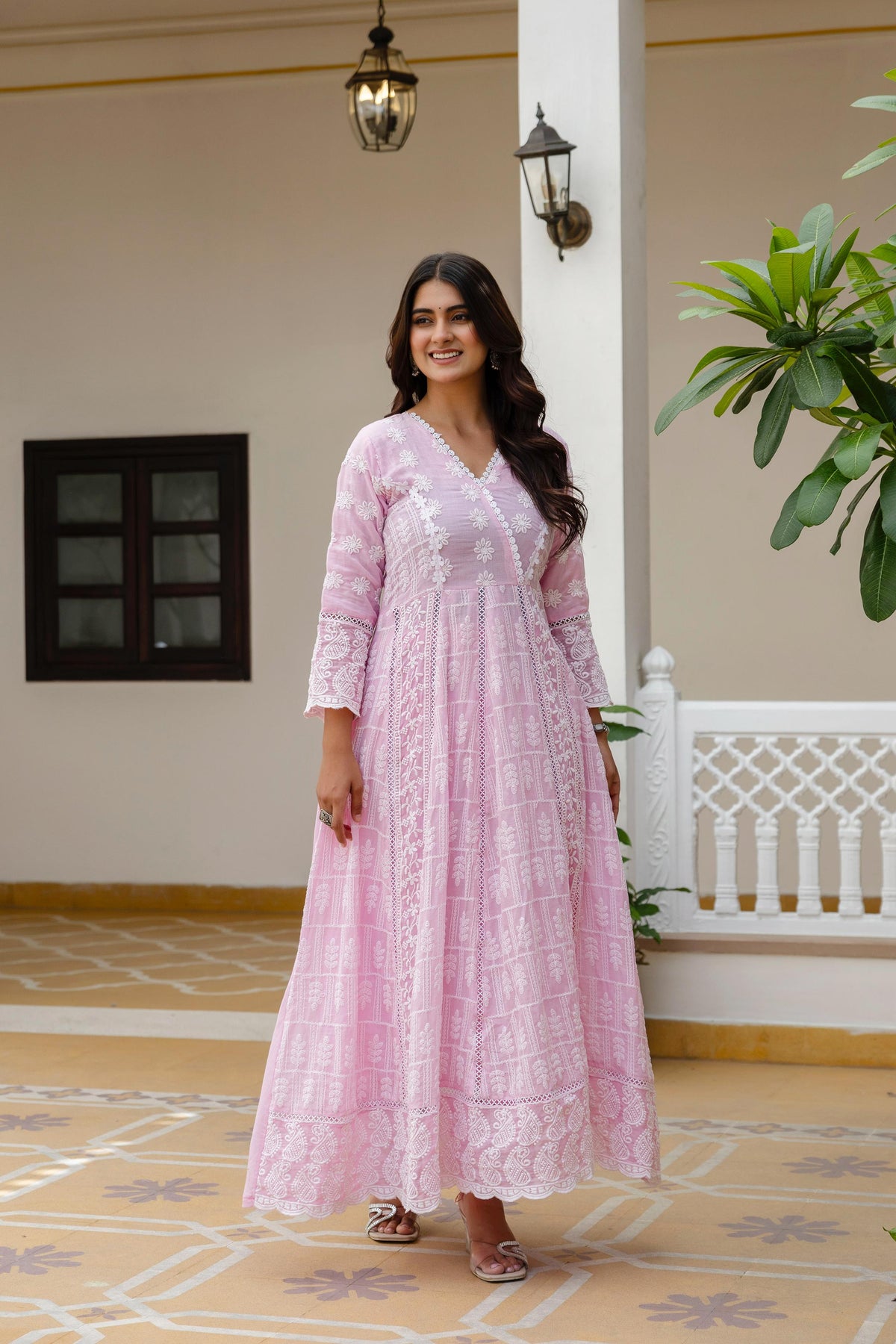 Women's Gown Set in Pink and Sky Blue Pure Mal Cotton with Lucknowi Work