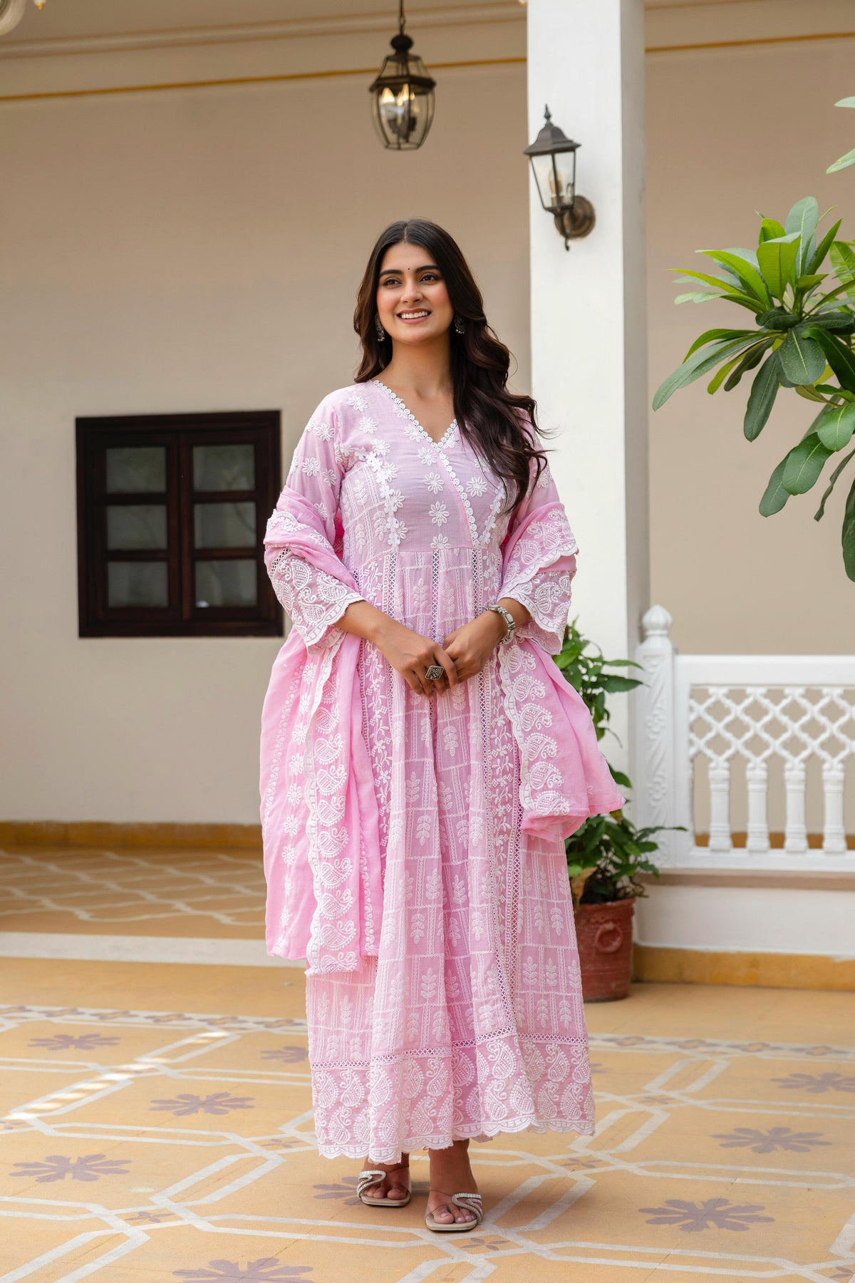 Women's Gown Set in Pink and Sky Blue Pure Mal Cotton with Lucknowi Work