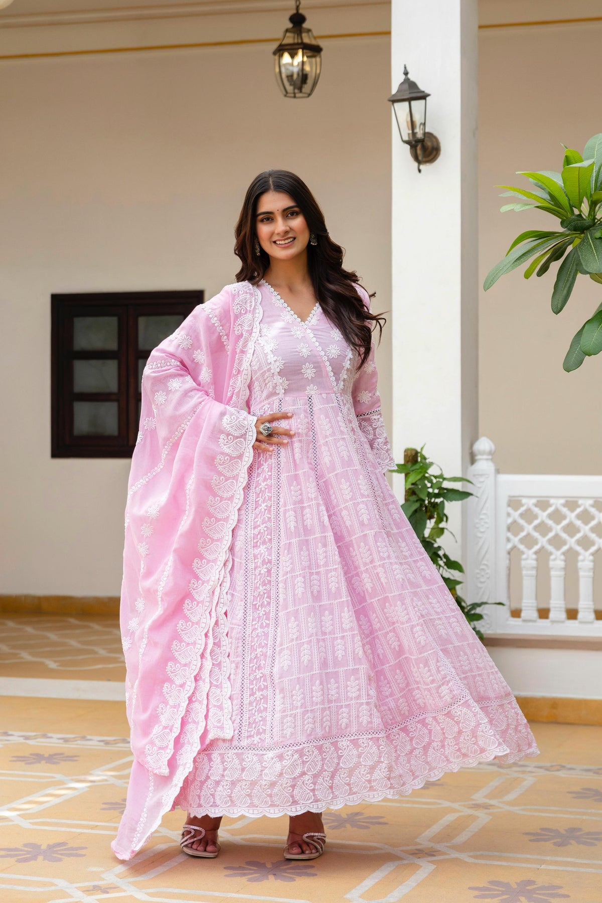 Women's Gown Set in Pink and Sky Blue Pure Mal Cotton with Lucknowi Work