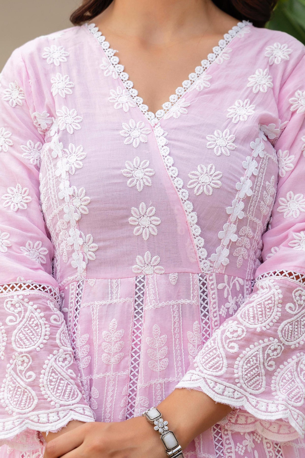 Women's Gown Set in Pink and Sky Blue Pure Mal Cotton with Lucknowi Work