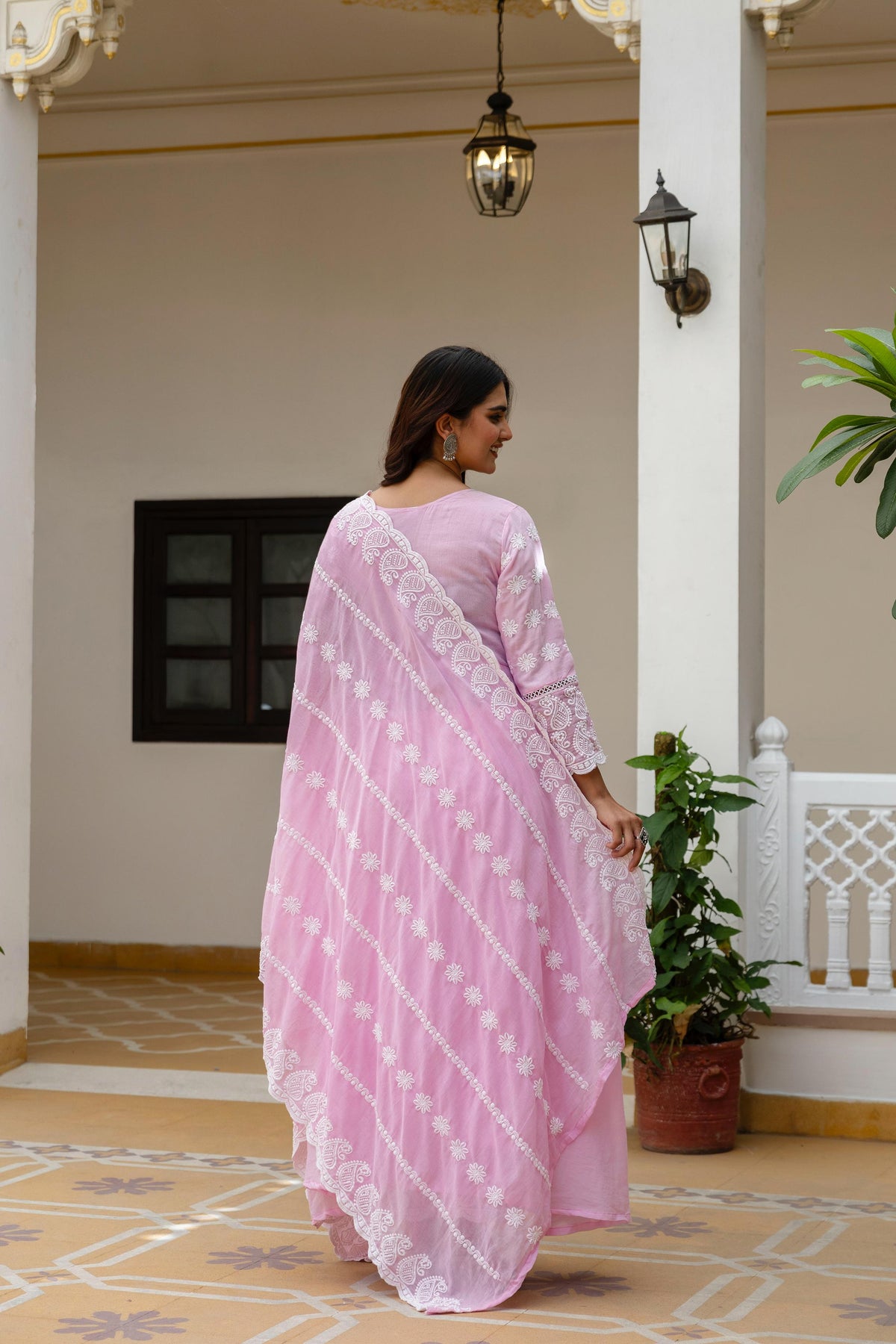 Women's Gown Set in Pink and Sky Blue Pure Mal Cotton with Lucknowi Work