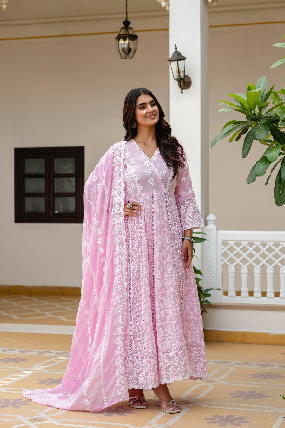 Women's Gown Set in Pink and Sky Blue Pure Mal Cotton with Lucknowi Work