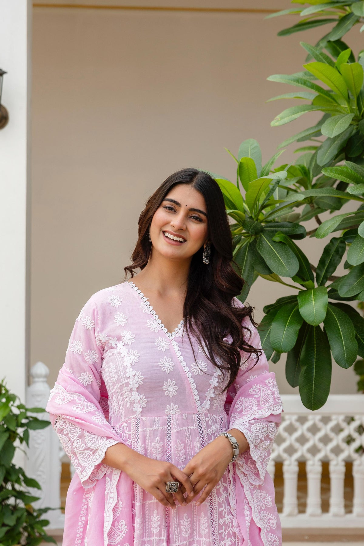 Women's Gown Set in Pink and Sky Blue Pure Mal Cotton with Lucknowi Work