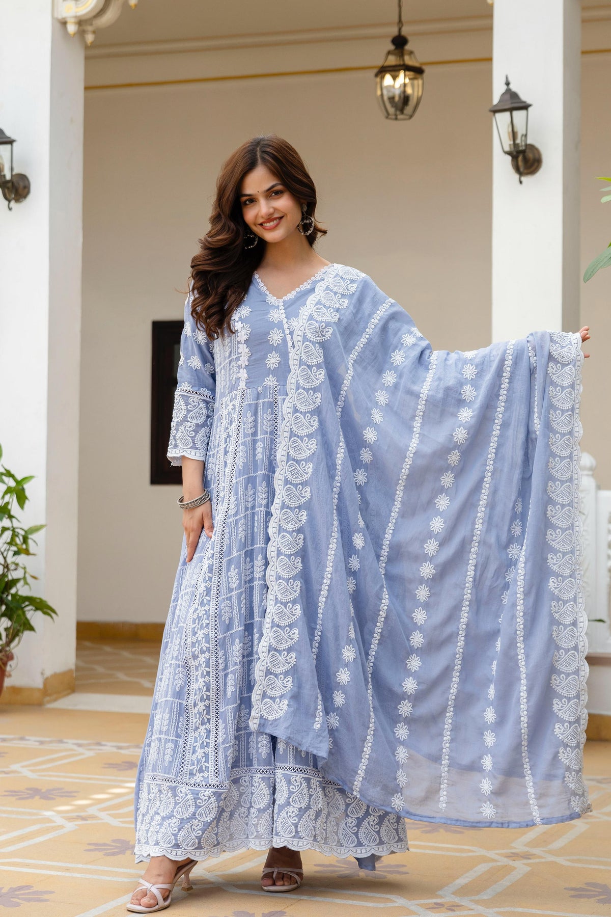 Women's Gown Set in Pink and Sky Blue Pure Mal Cotton with Lucknowi Work