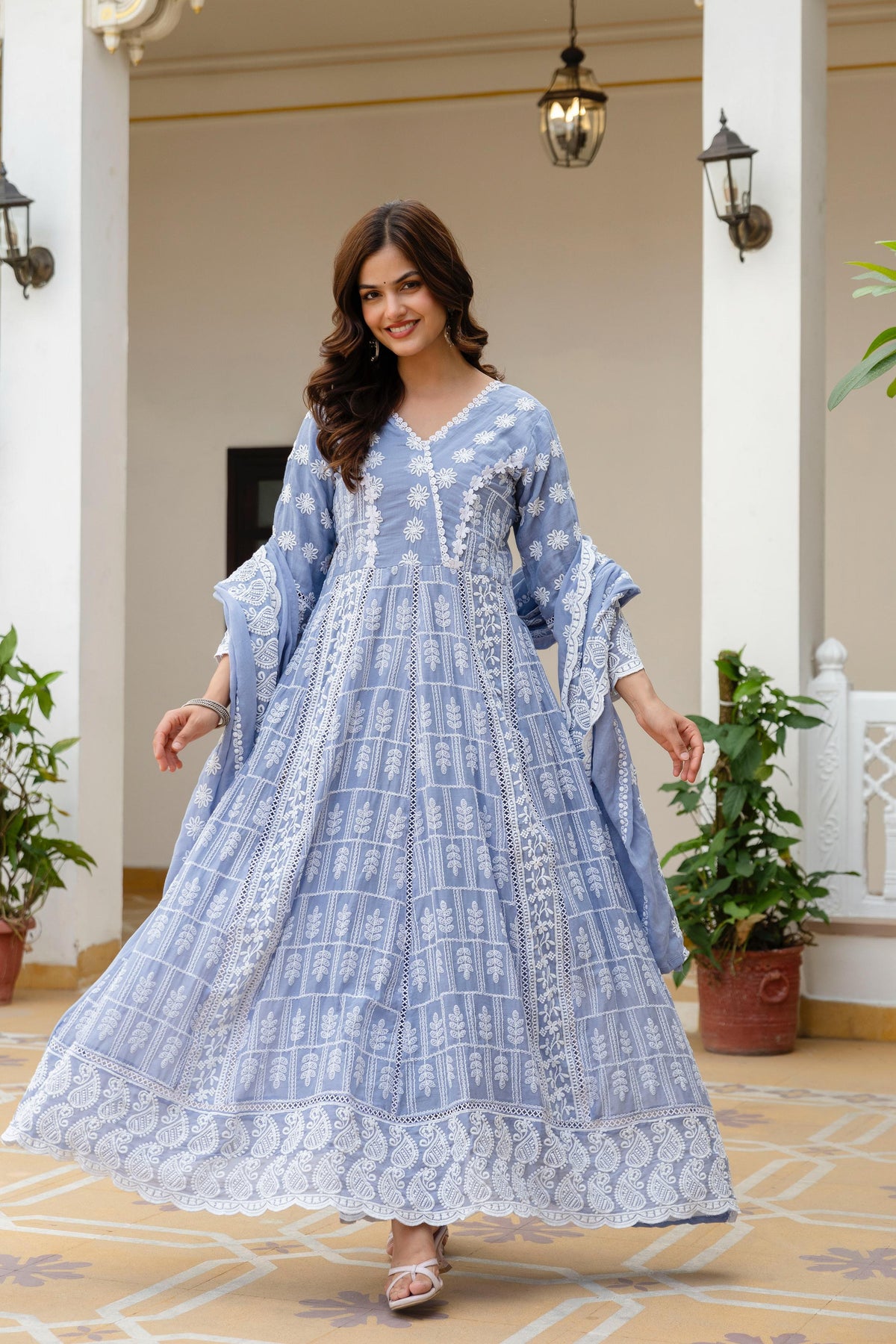 Women's Gown Set in Pink and Sky Blue Pure Mal Cotton with Lucknowi Work
