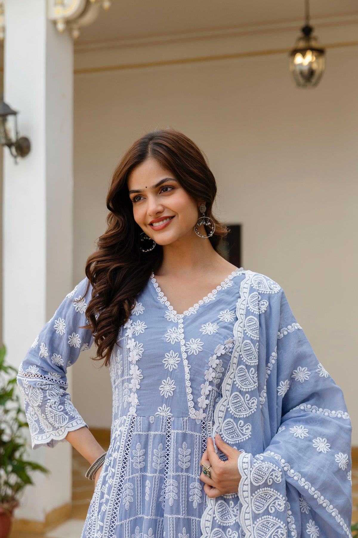 Women's Gown Set in Pink and Sky Blue Pure Mal Cotton with Lucknowi Work