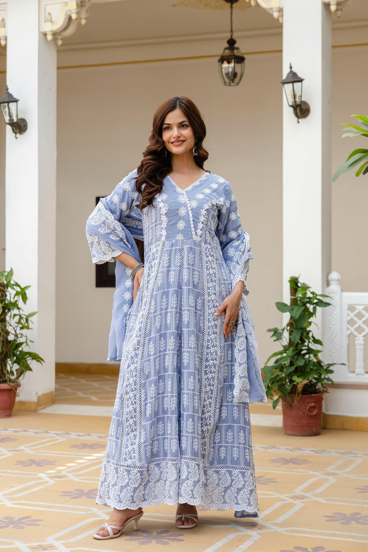 Women's Gown Set in Pink and Sky Blue Pure Mal Cotton with Lucknowi Work