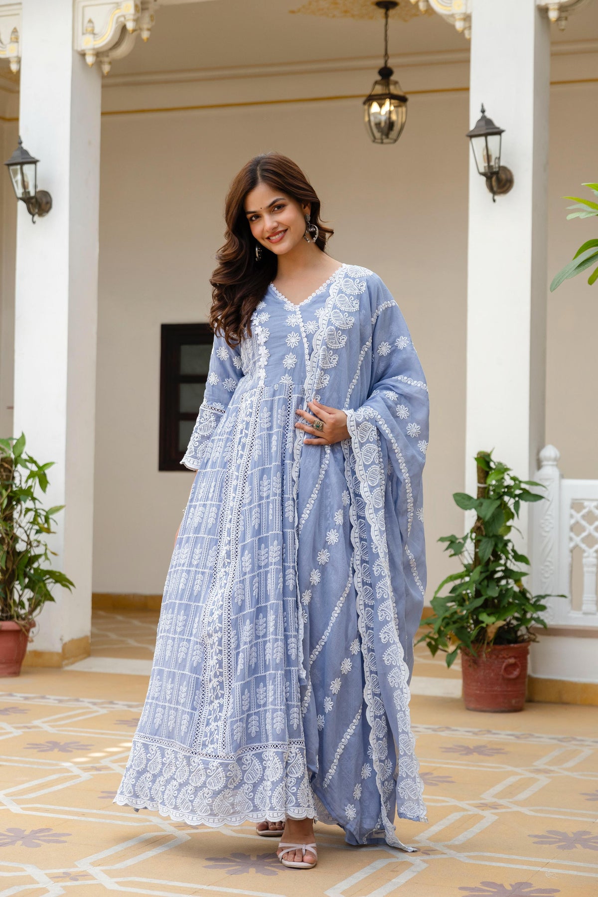 Women's Gown Set in Pink and Sky Blue Pure Mal Cotton with Lucknowi Work