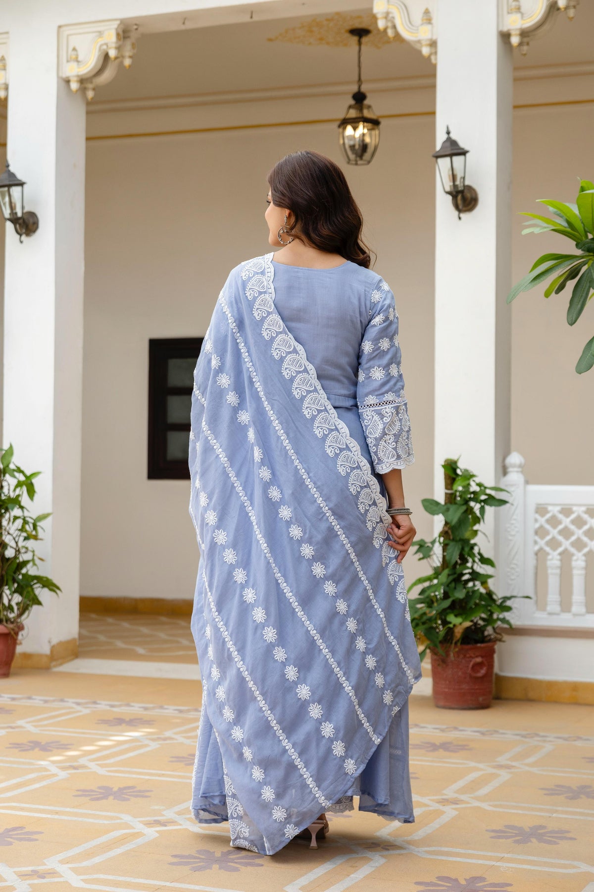 Women's Gown Set in Pink and Sky Blue Pure Mal Cotton with Lucknowi Work