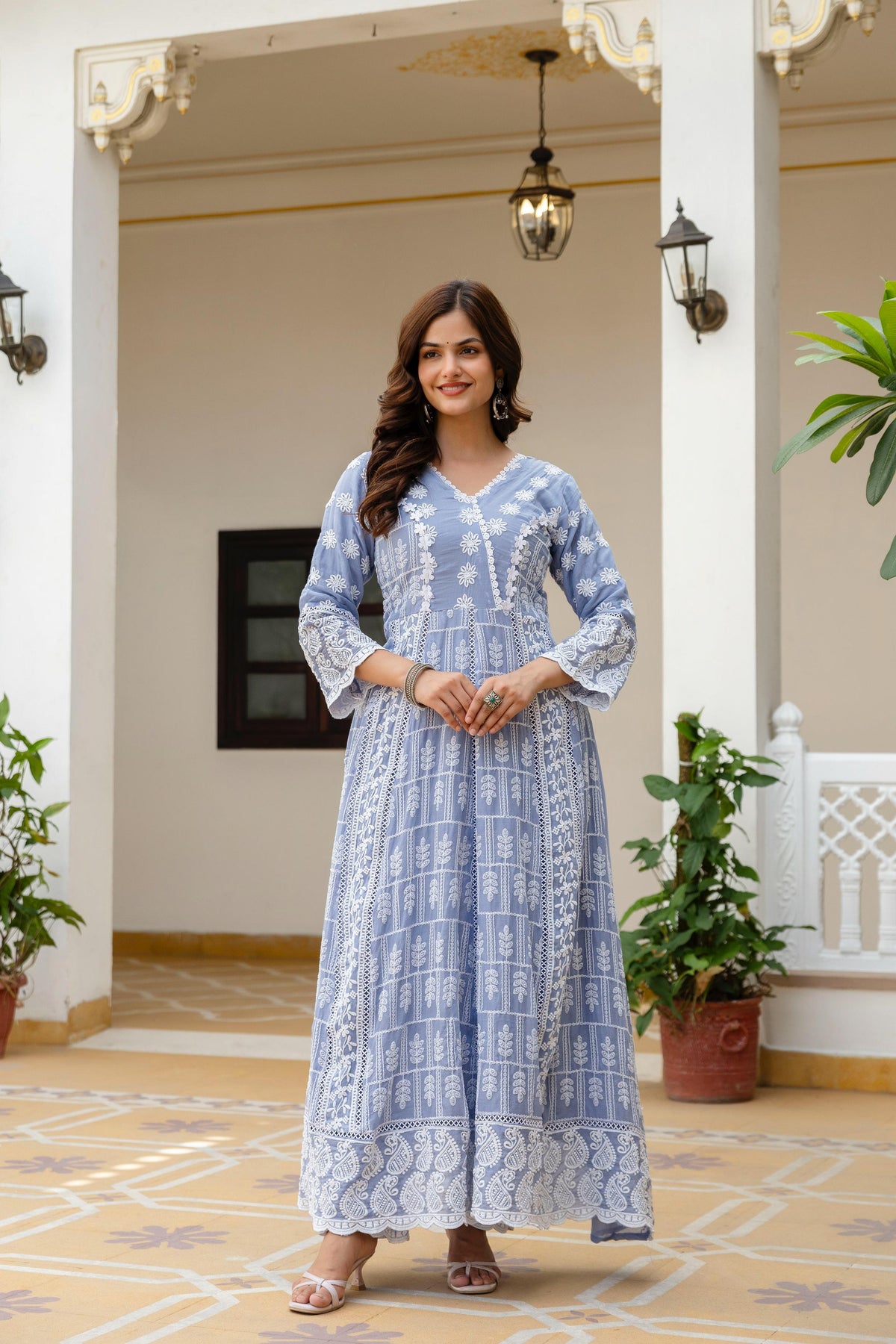 Women's Gown Set in Pink and Sky Blue Pure Mal Cotton with Lucknowi Work