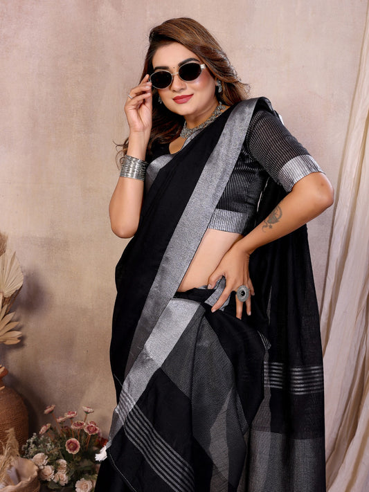 Women's Linen Saree Catalog Set in Assorted Colors with Silver Zari Border