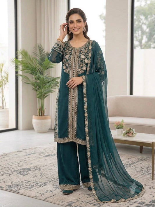 Women's Palazzo Suit Set in Black and Teal Roman Fabric with Sequin Embroidery