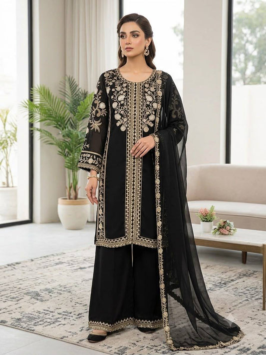 Women's Palazzo Suit Set in Black and Teal Roman Fabric with Sequin Embroidery