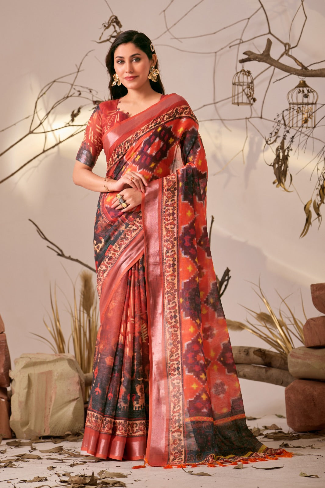 Women's Linen Cotton Saree in Coral with Ikat Digital Print and Patola Style Border