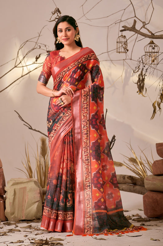 Women's Linen Cotton Saree in Coral with Ikat Digital Print and Patola Style Border