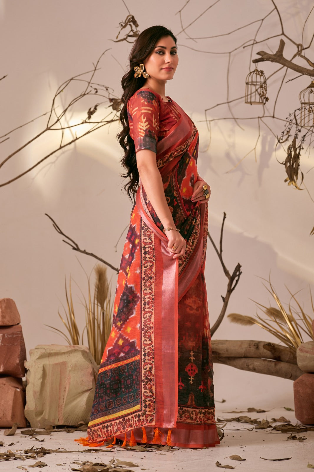 Women's Linen Cotton Saree in Coral with Ikat Digital Print and Patola Style Border