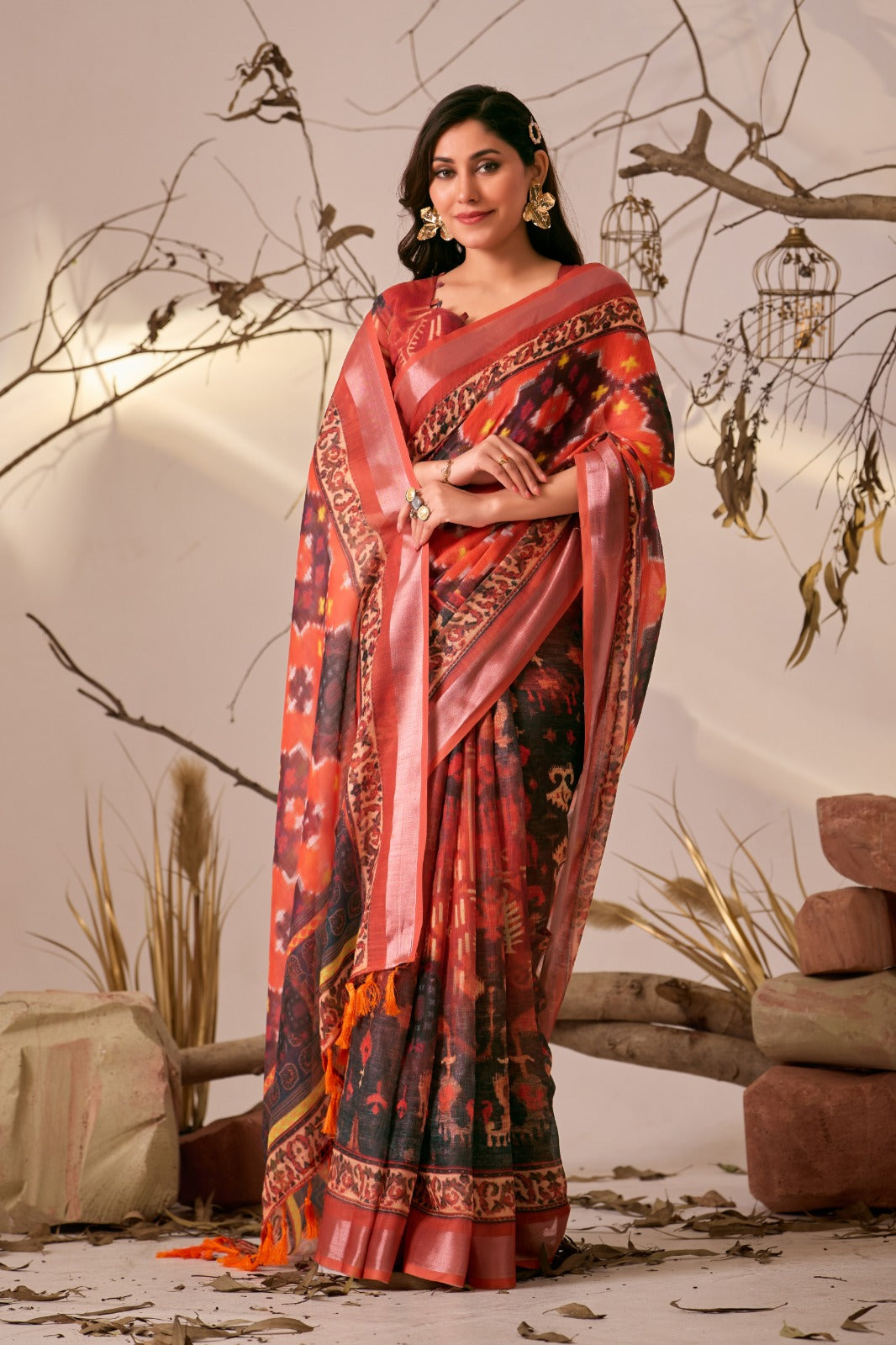 Women's Linen Cotton Saree in Coral with Ikat Digital Print and Patola Style Border
