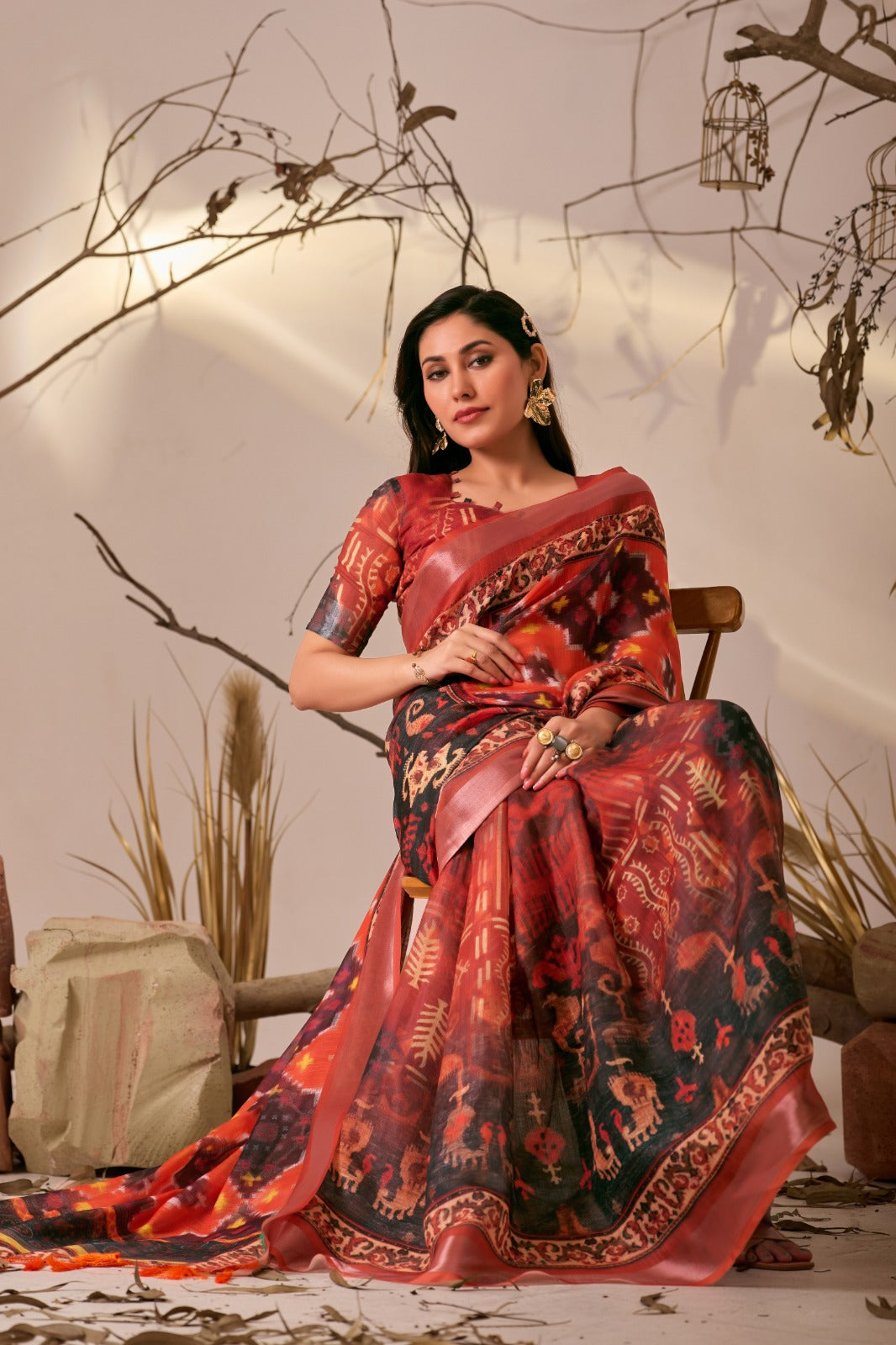 Women's Linen Cotton Saree in Coral with Ikat Digital Print and Patola Style Border