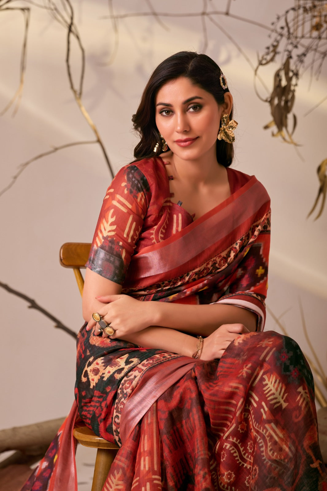 Women's Linen Cotton Saree in Coral with Ikat Digital Print and Patola Style Border