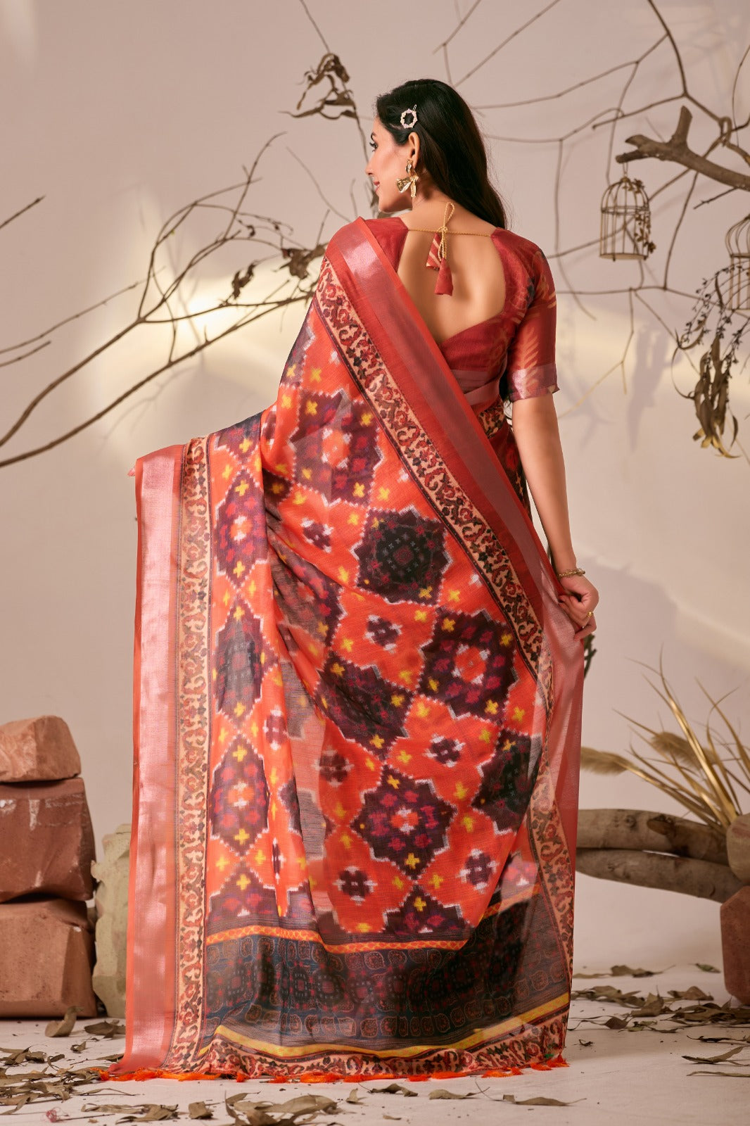 Women's Linen Cotton Saree in Coral with Ikat Digital Print and Patola Style Border