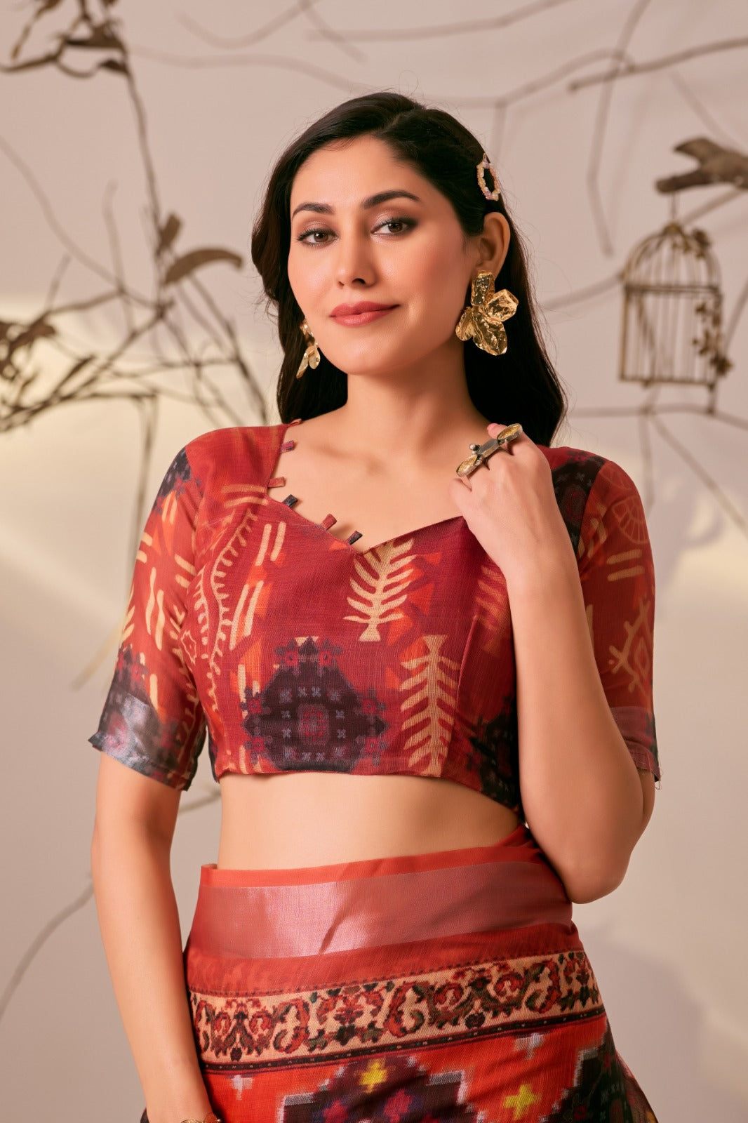 Women's Linen Cotton Saree in Coral with Ikat Digital Print and Patola Style Border