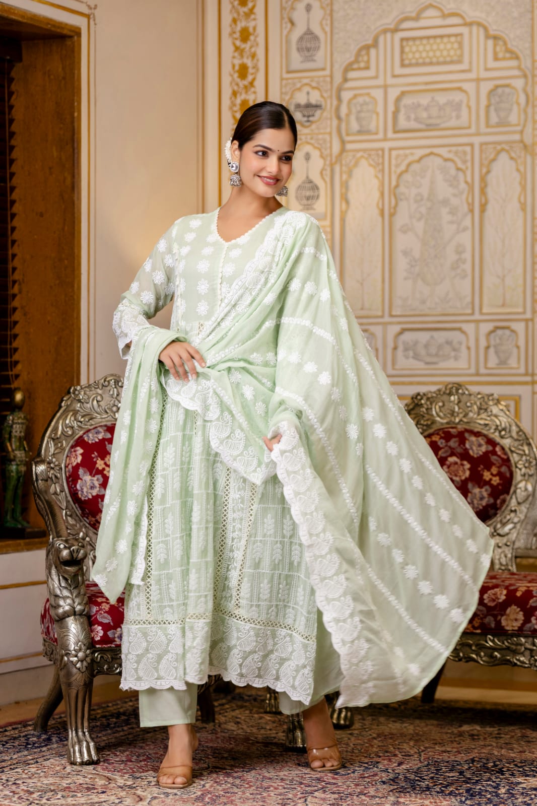 Women's Gown Pant Dupatta Set in Lemon Yellow and Pista Mal Cotton with Lucknowi Embroidery
