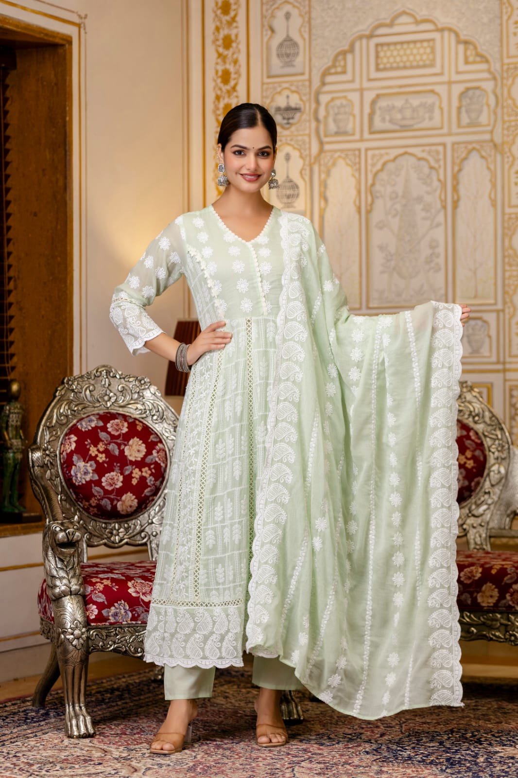 Women's Gown Pant Dupatta Set in Lemon Yellow and Pista Mal Cotton with Lucknowi Embroidery