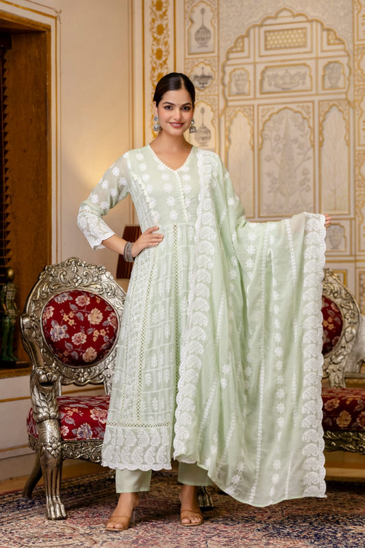 Women's Gown Pant Dupatta Set in Lemon Yellow and Pista Mal Cotton with Lucknowi Embroidery