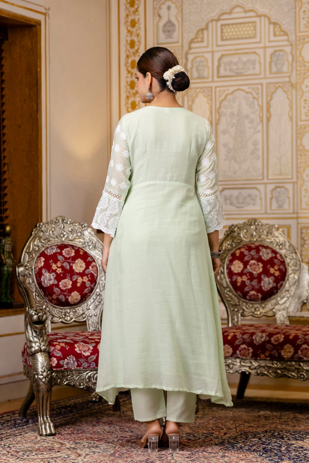 Women's Gown Pant Dupatta Set in Lemon Yellow and Pista Mal Cotton with Lucknowi Embroidery