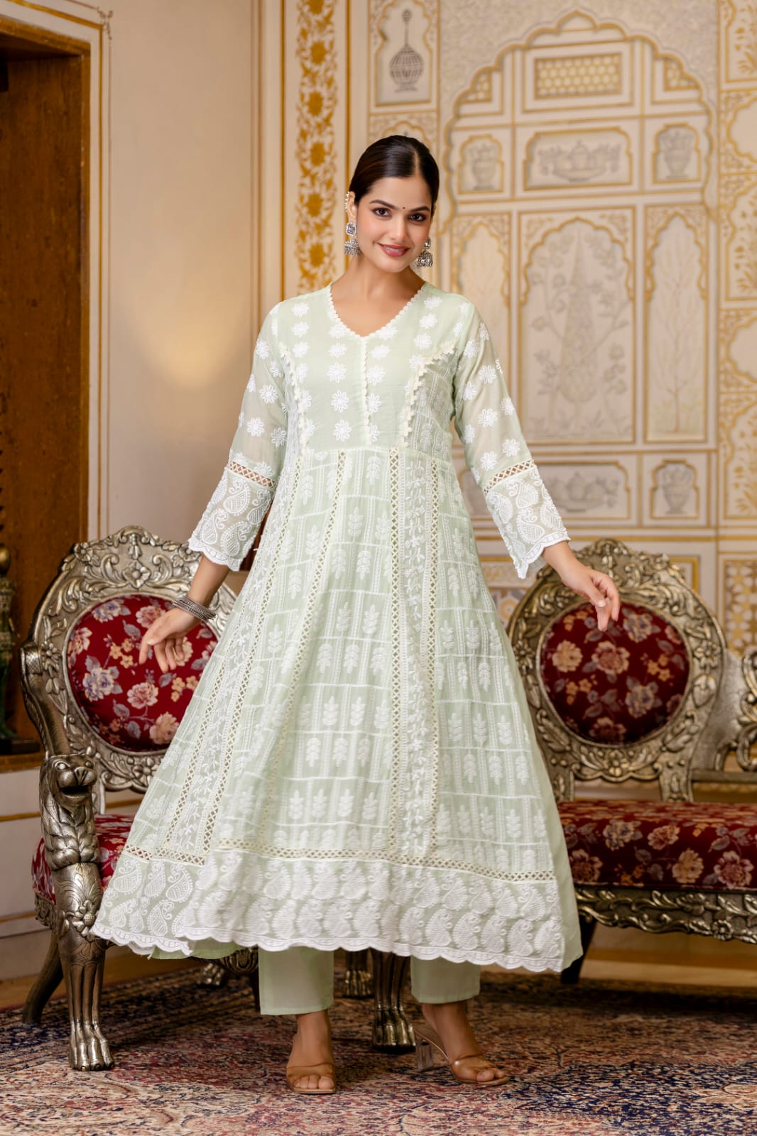 Women's Gown Pant Dupatta Set in Lemon Yellow and Pista Mal Cotton with Lucknowi Embroidery