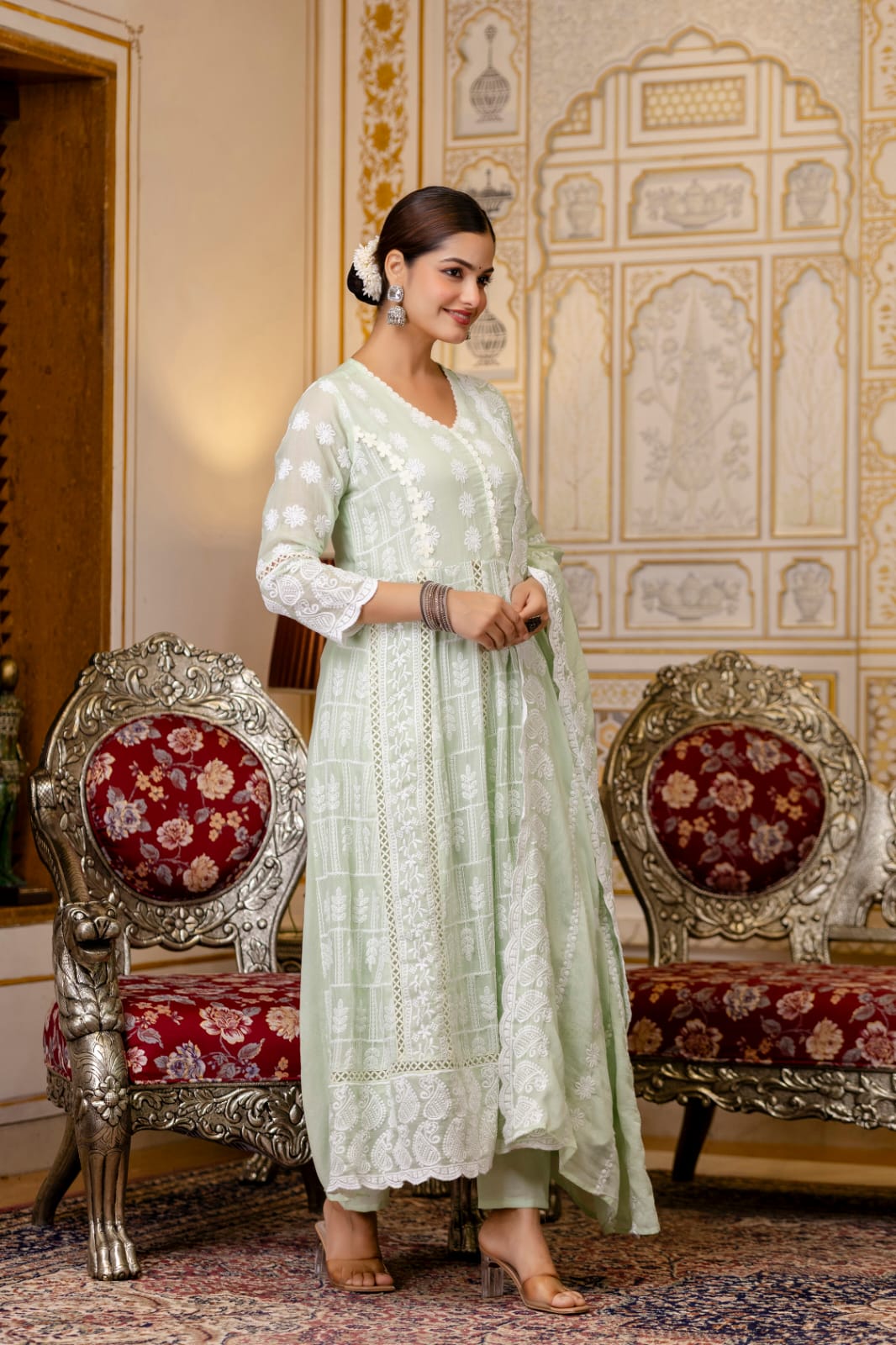 Women's Gown Pant Dupatta Set in Lemon Yellow and Pista Mal Cotton with Lucknowi Embroidery